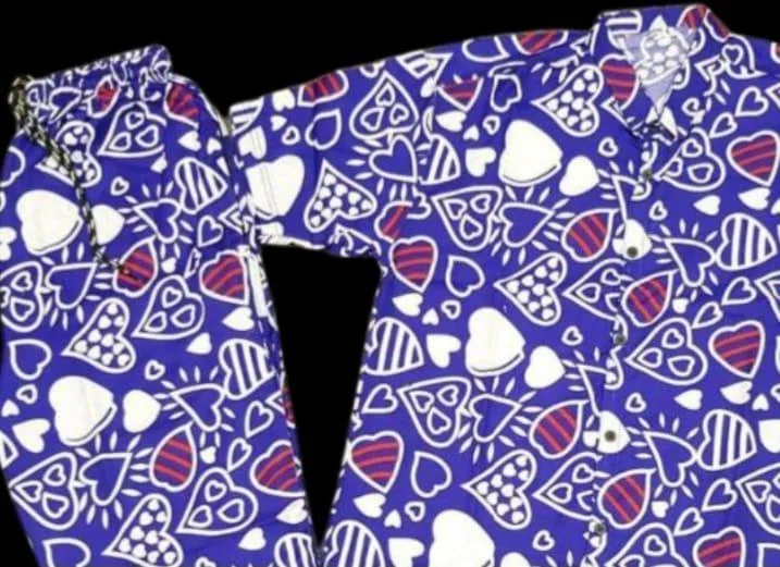 Men Cotton Heart Print Co-ord Set Blue Medium to XL
