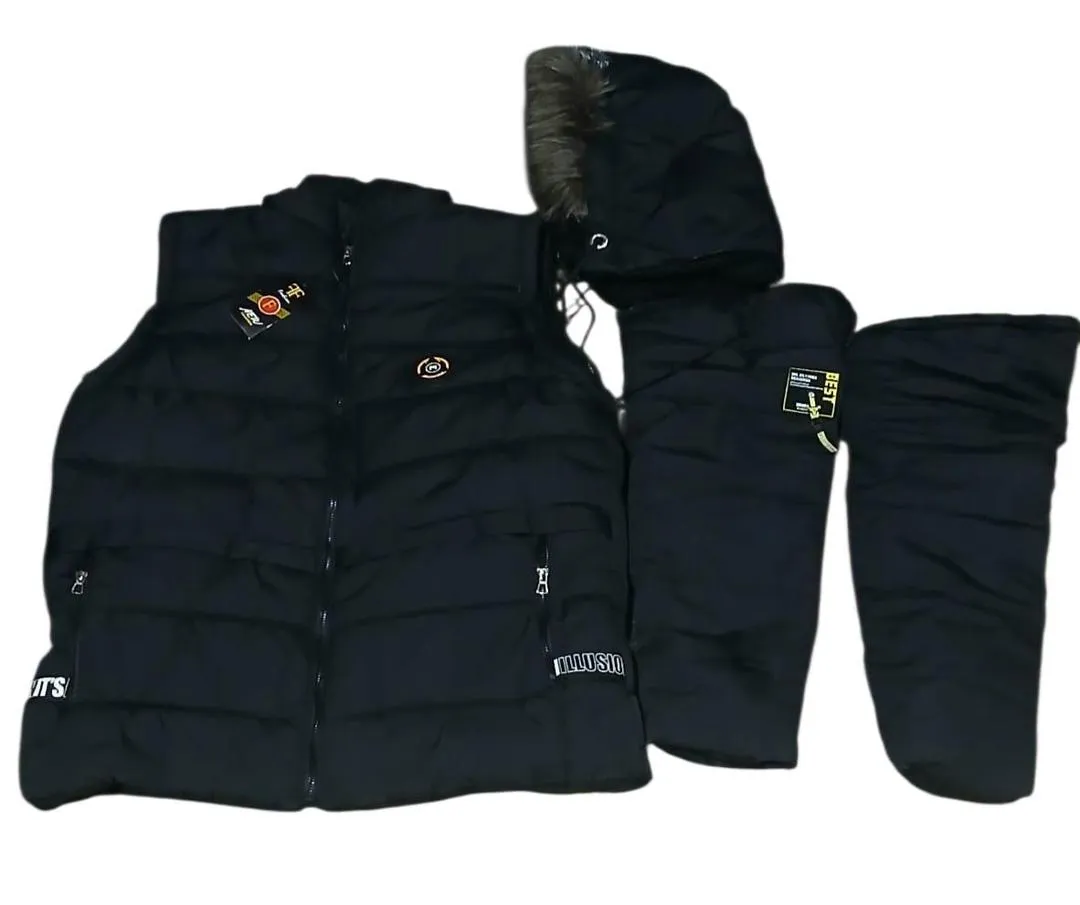Men's Black Puffer Jacket with Hood & Pants Set