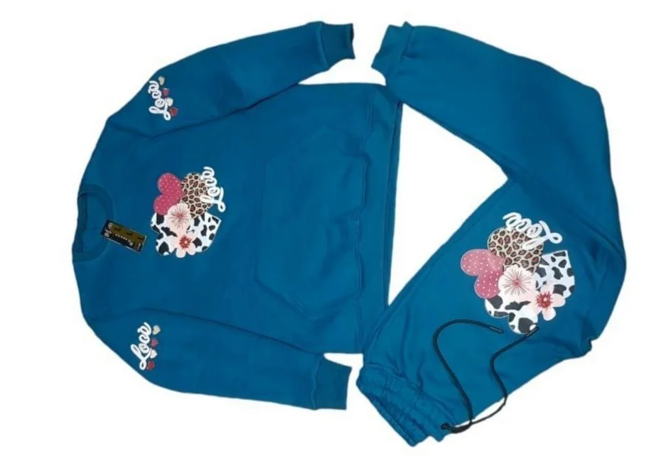 Girls Blue Printed Fleece Tracksuit 2 Pcs Set