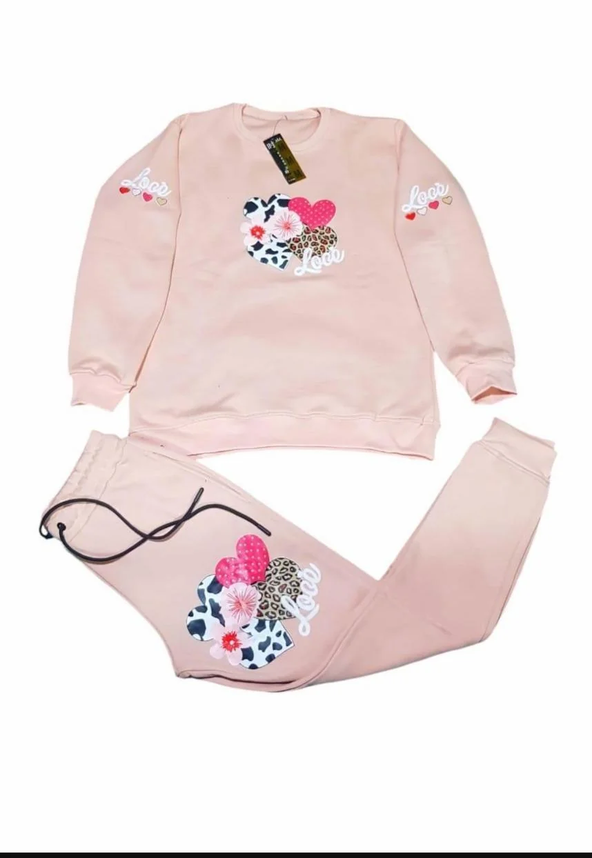 Pink Fleece Tracksuit for Girls Heart Floral Print
