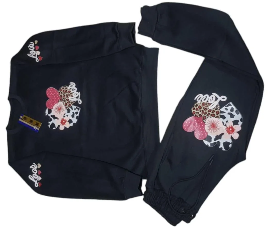 Black Printed Tracksuit for Girls 5-12 Years Cotton Fleece