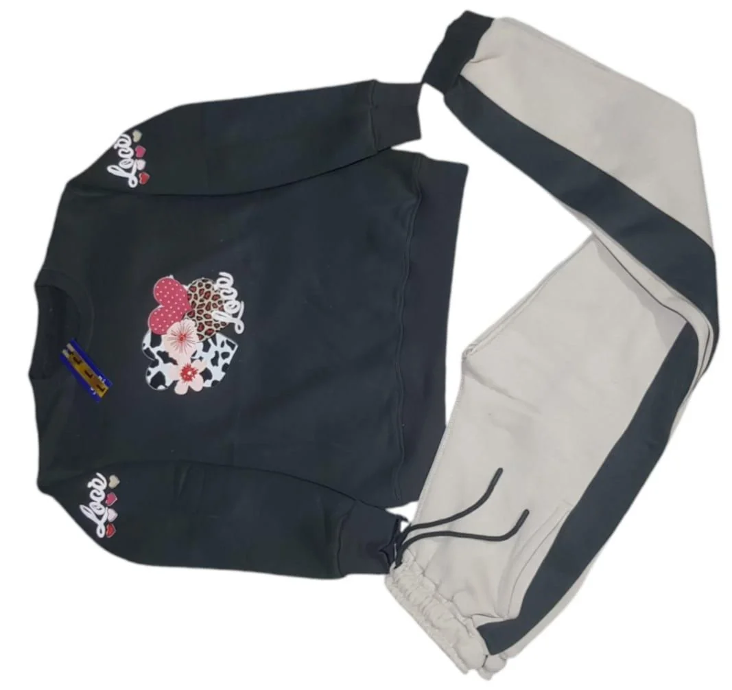 Girls Printed Fleece Tracksuit Black 2Pcs Casual Wear