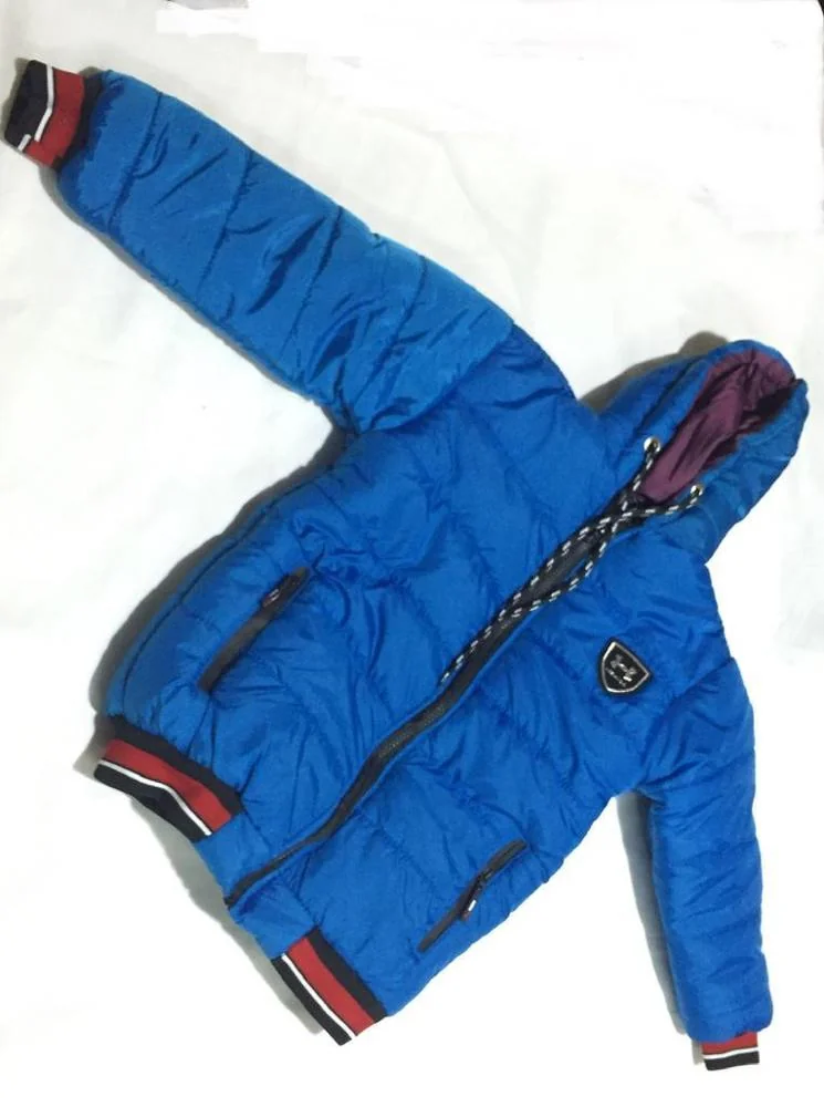 Boy's Blue Puffer Jacket with Red Black Cuffs & Chain