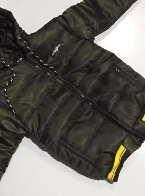 Boy's Olive Green Puffer Jacket with Yellow Stripes