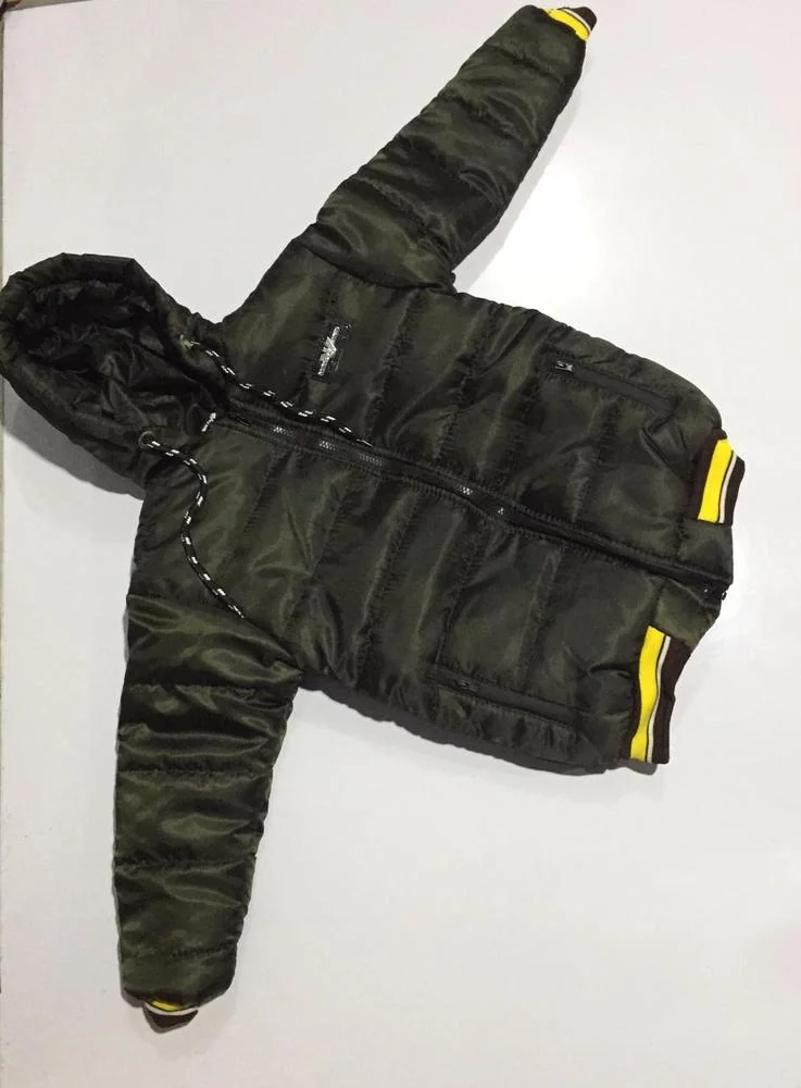 Boy's Olive Green Puffer Jacket with Yellow Stripes