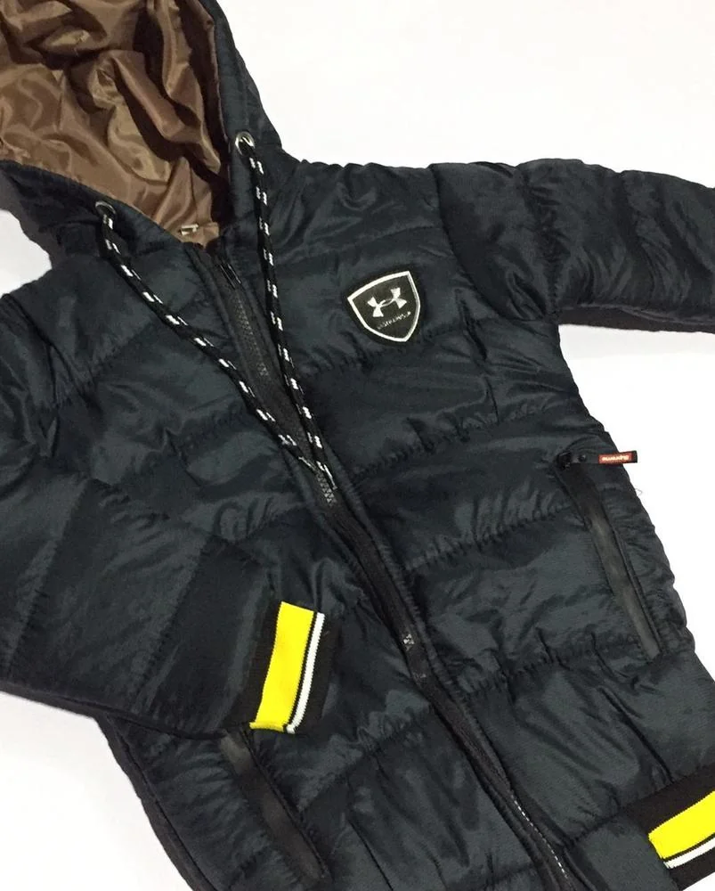 Boy's Black Puffer Jacket with Hood & Yellow Accents