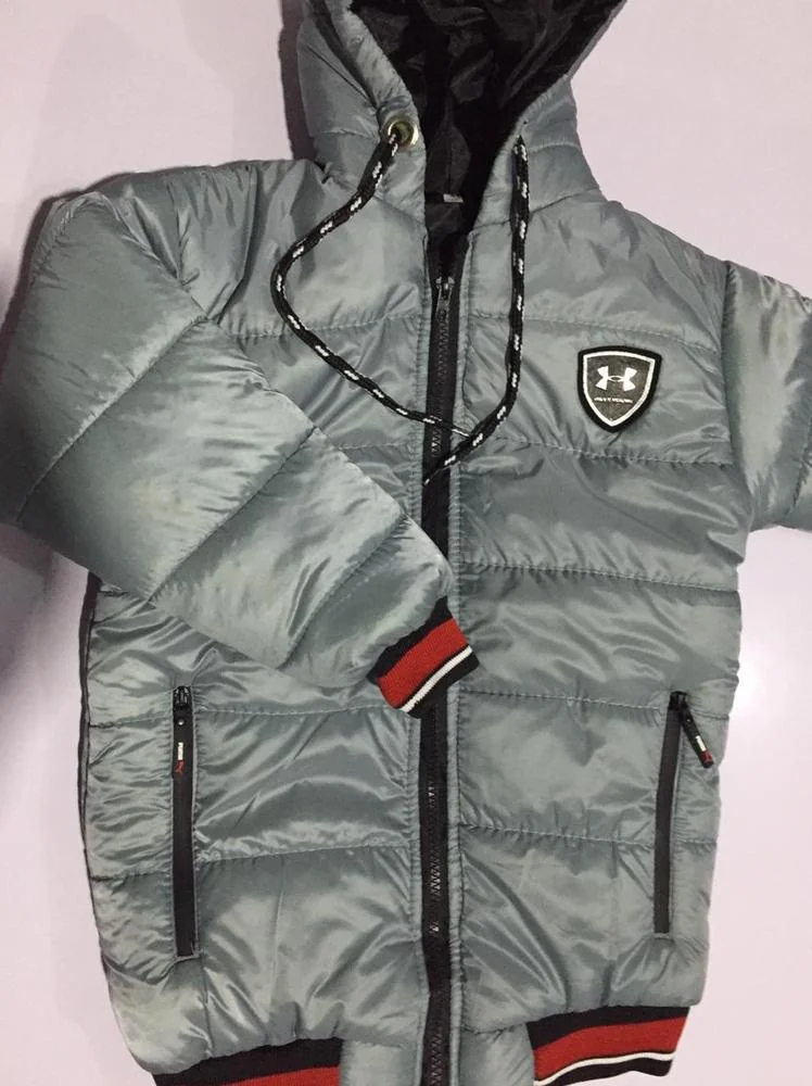 Boy's Grey Puffer Jacket with Red Trim & Hood