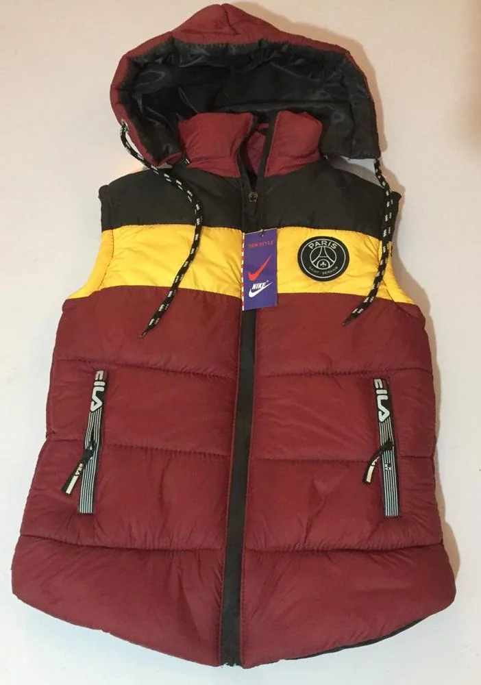Kids Sleeveless Quilted Jacket Maroon Black Yellow Hooded