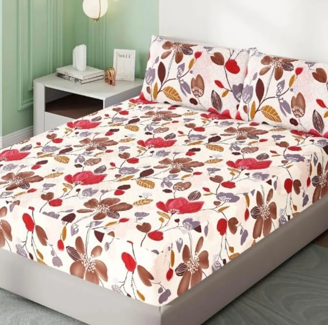 Double Bed Sheet Set Cotton Floral Red Brown Purple