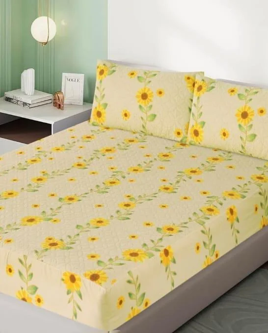 Double Bed Sheet Set Sunflower Print Cotton Yellow