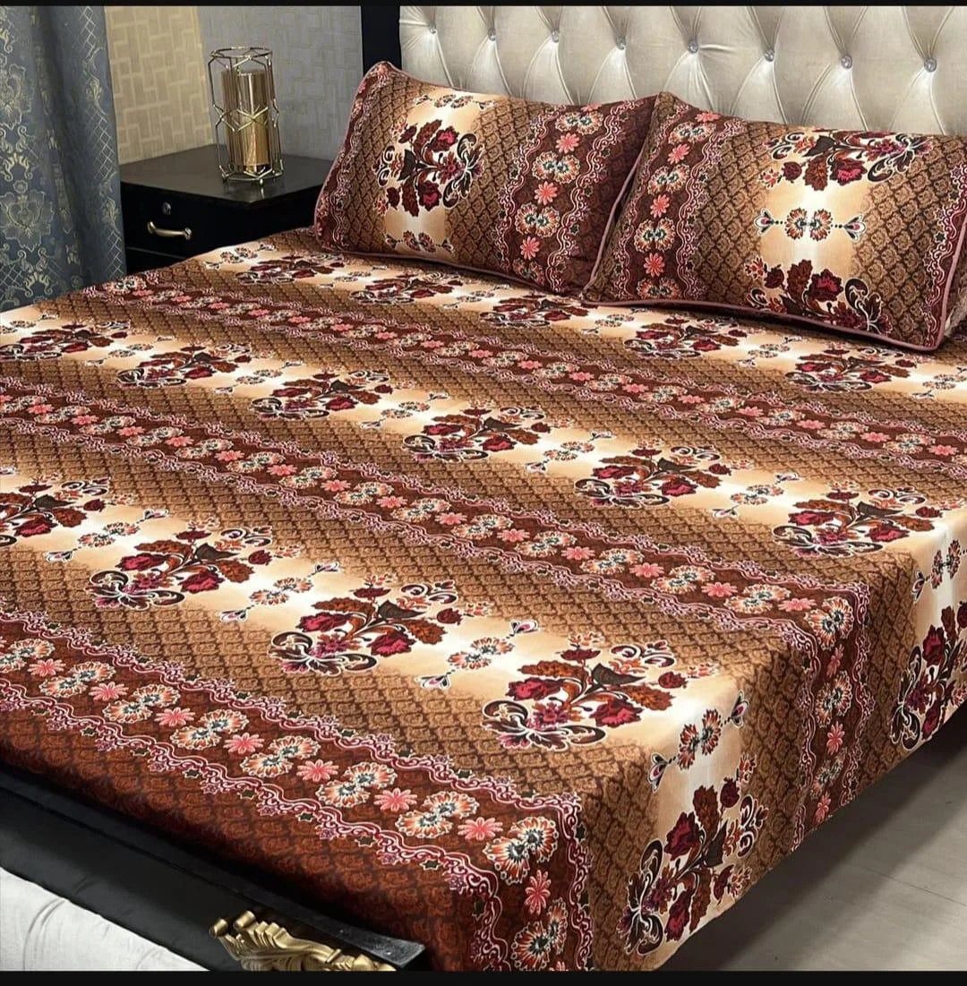 Premium Printed Double Bedsheet Set Brown Crystal Cotton