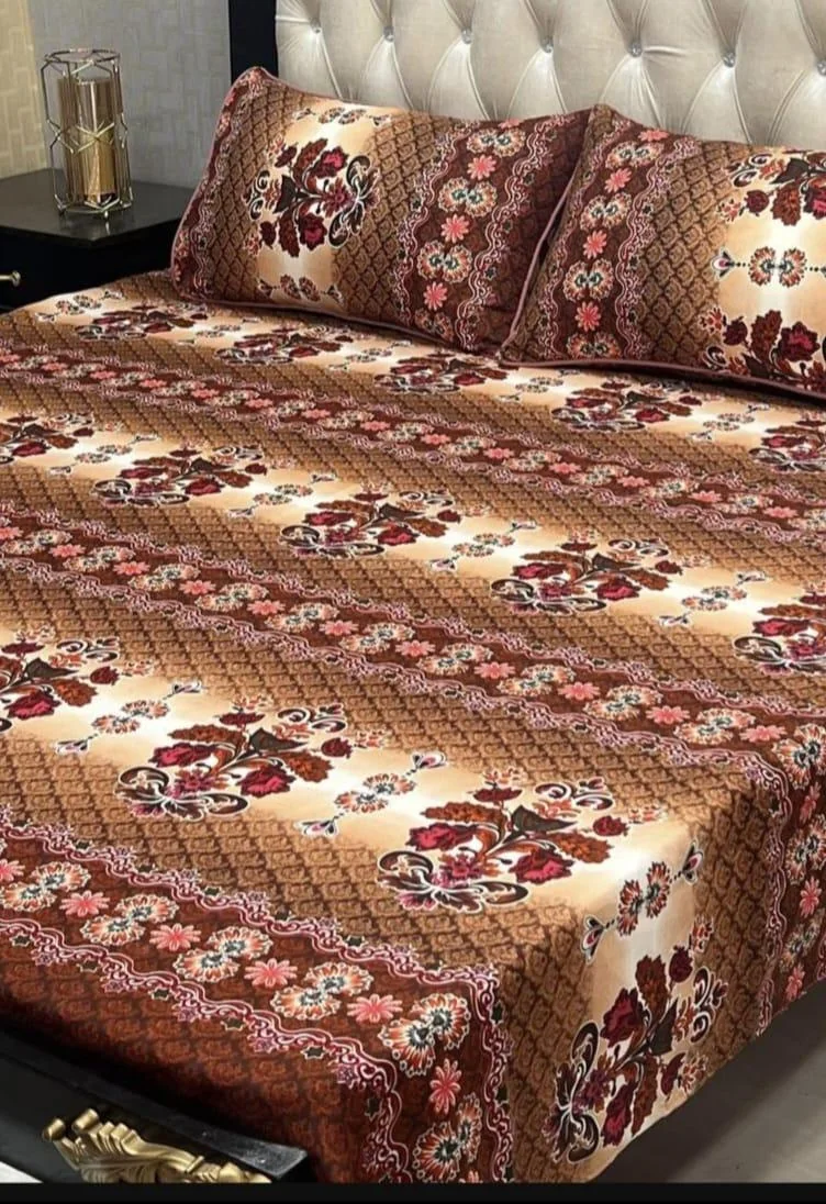 Premium Printed Double Bedsheet Set Brown Crystal Cotton
