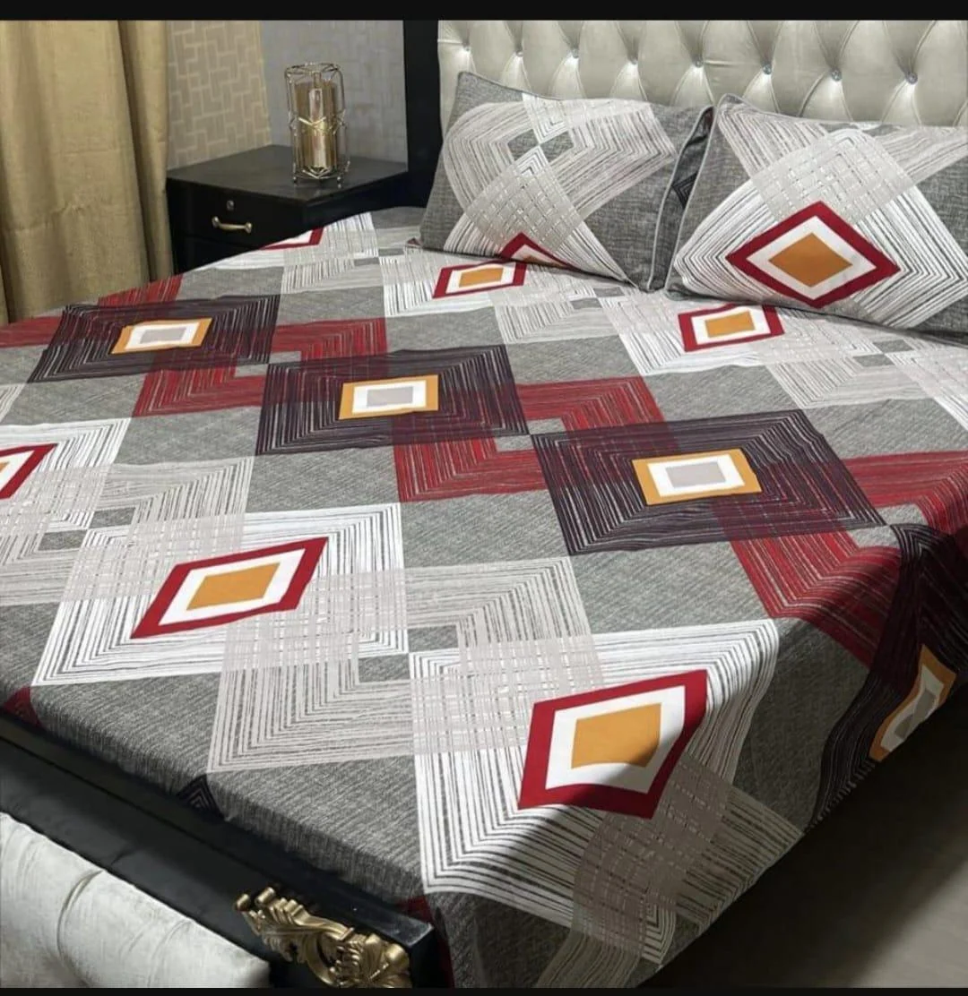 Double Bedsheet Set Crystal Cotton Grey Printed 3Pc