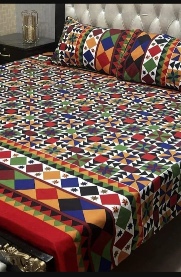 Crystal Cotton Printed Double Bedsheet Set Multicolor