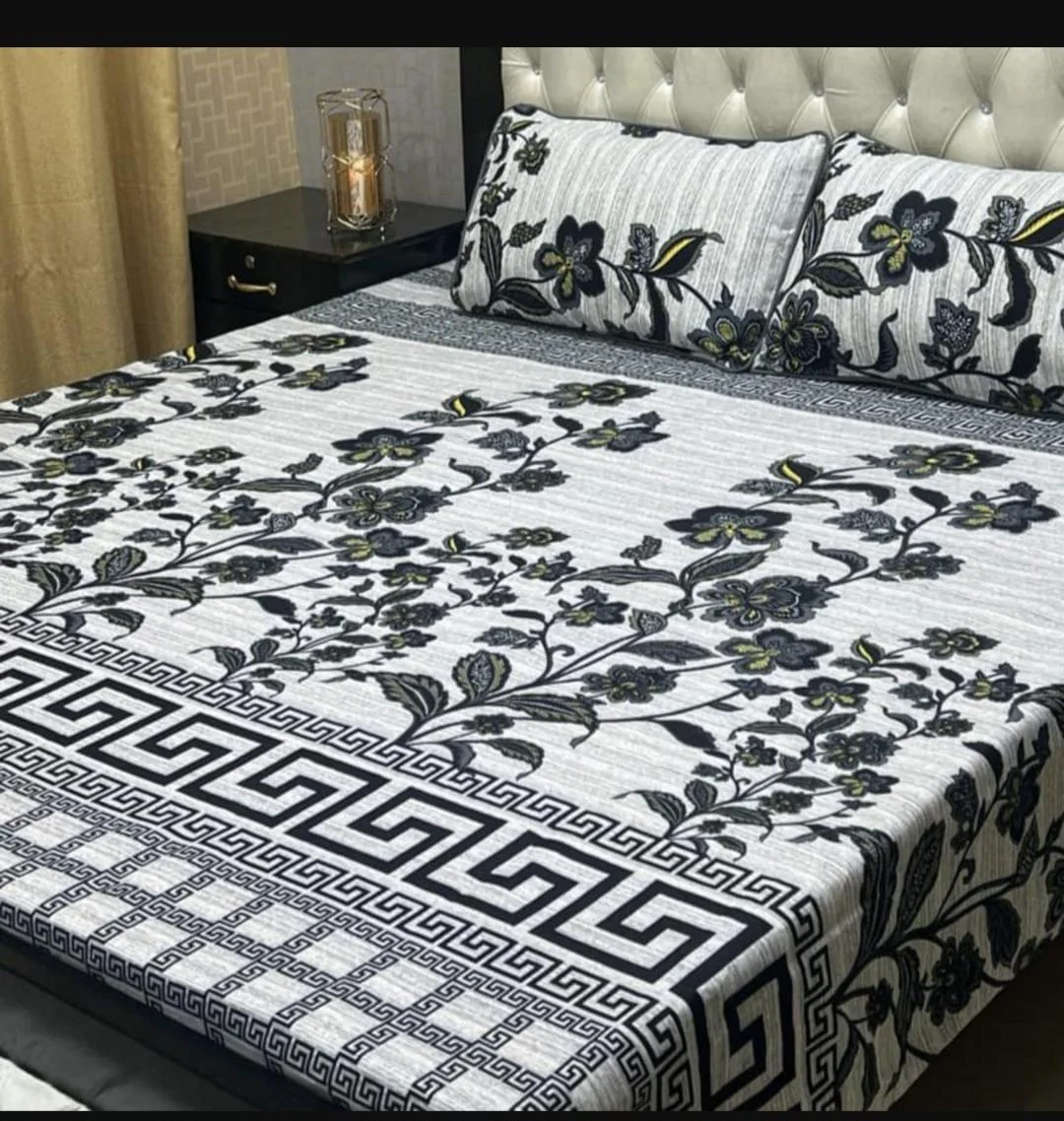 Double Bedsheet Set Crystal Cotton Floral Greek Border White