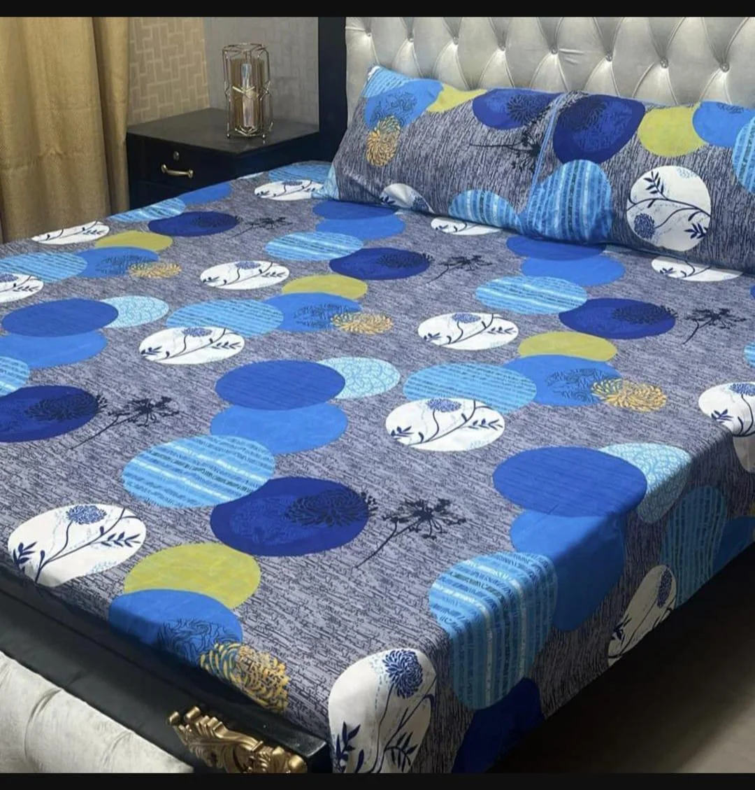 Crystal Cotton Printed Bedsheet Set Double Bed Blue Yellow