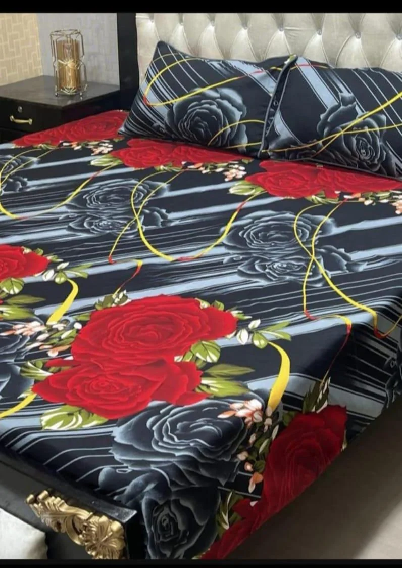 Crystal Cotton Printed Bedsheet Set Double Bed Red Rose Design