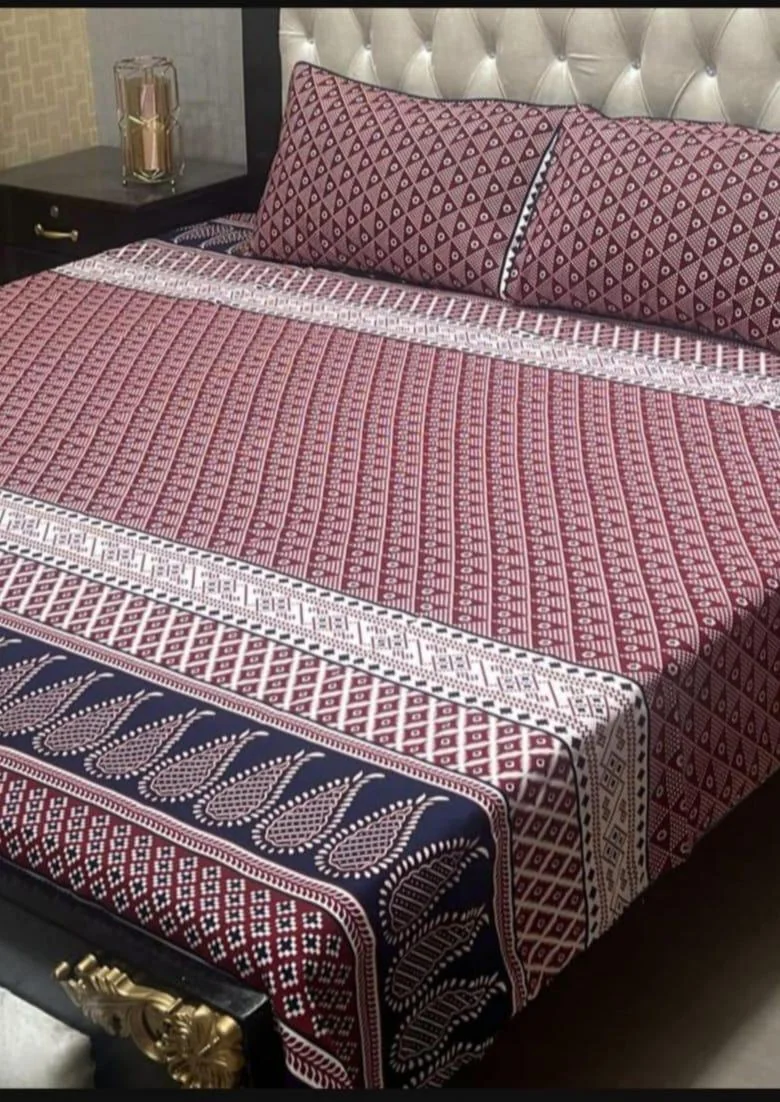 Maroon Crystal Cotton Double Bedsheet Set with Pillow Covers