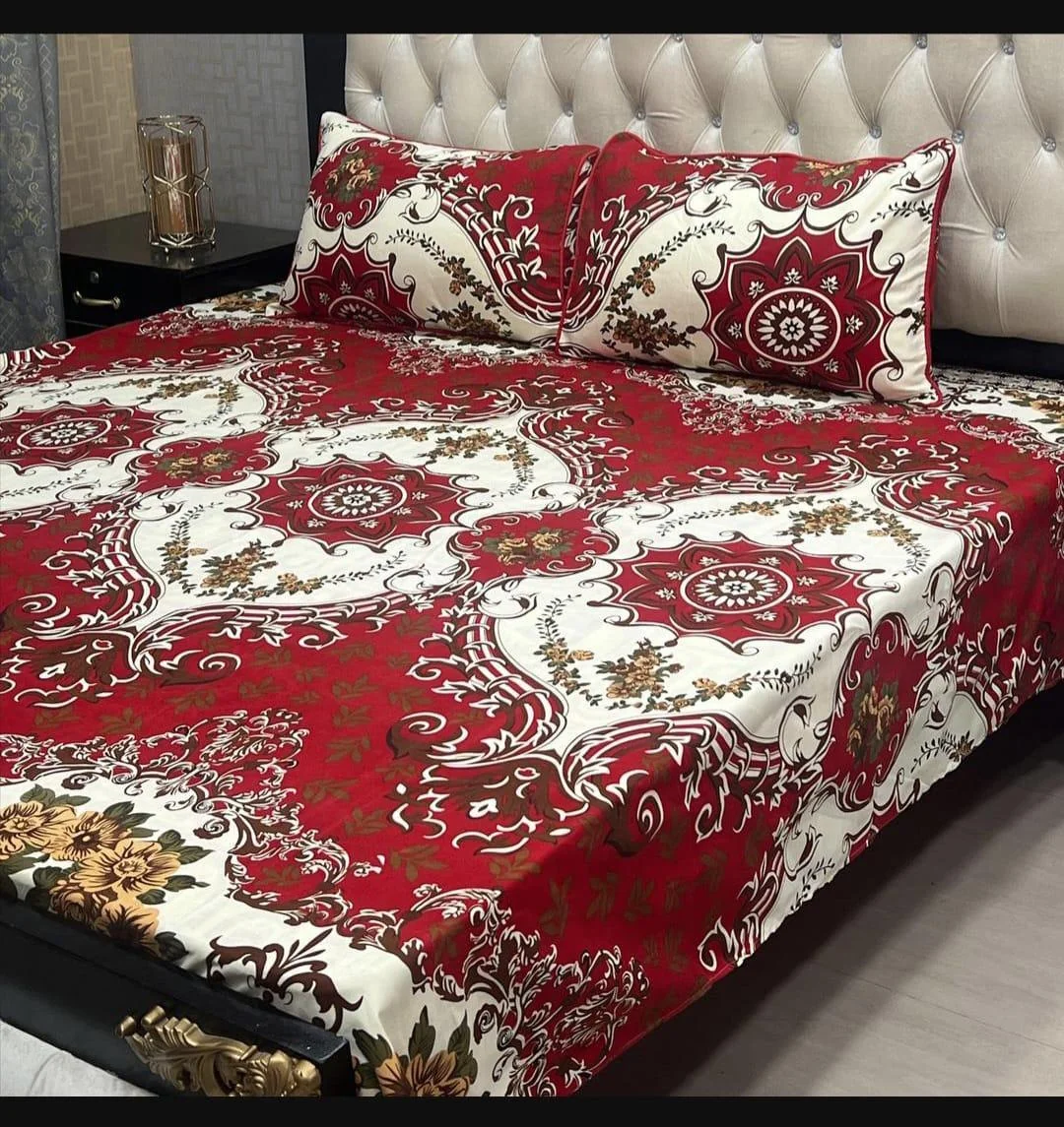 Double Bed Sheet Set Red White Brown Crystal Cotton 3 Pcs