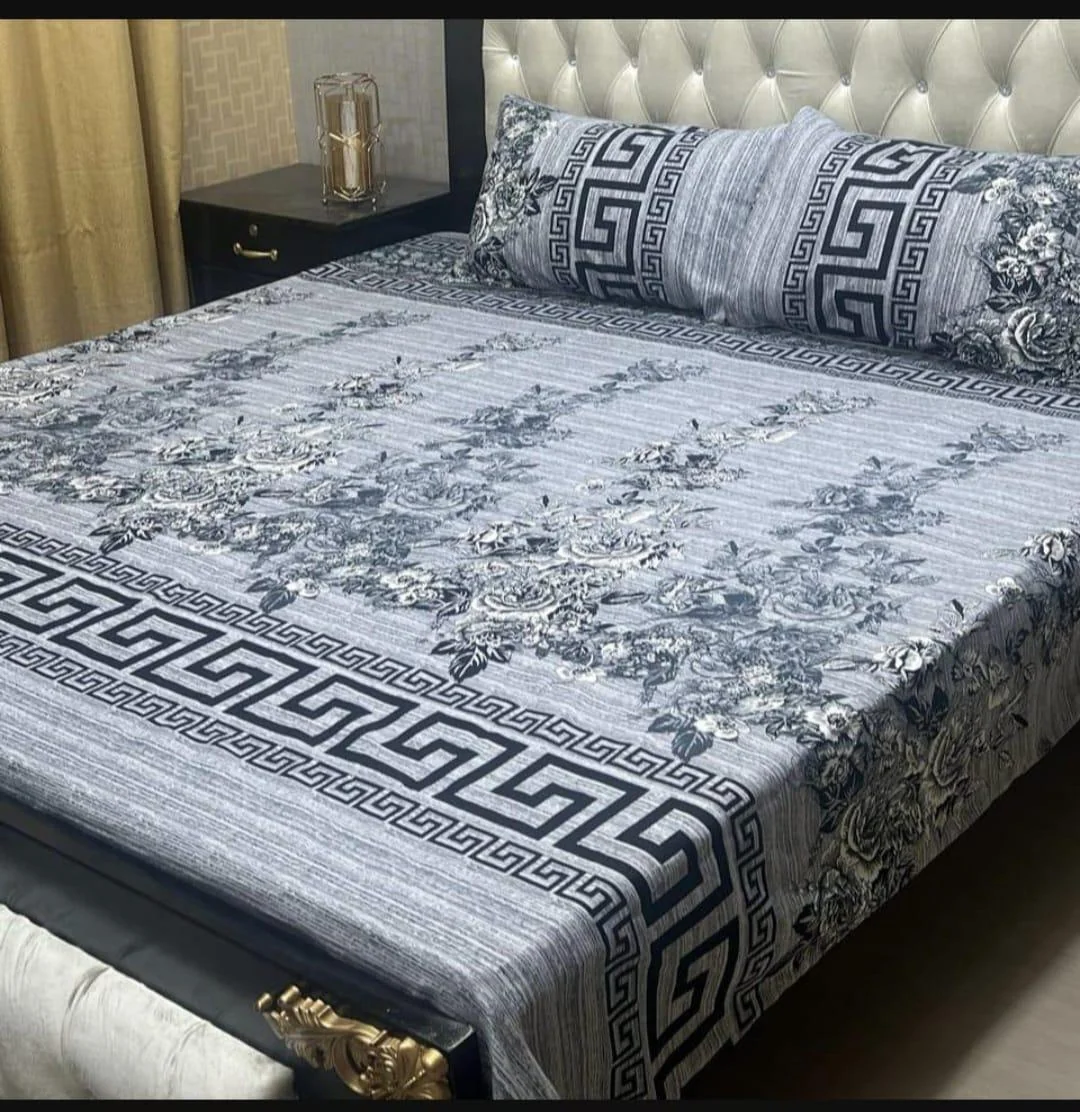 Grey Printed Crystal Cotton Double Bedsheet Set with Pillow Covers