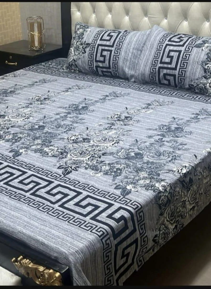 Grey Printed Crystal Cotton Double Bedsheet Set with Pillow Covers