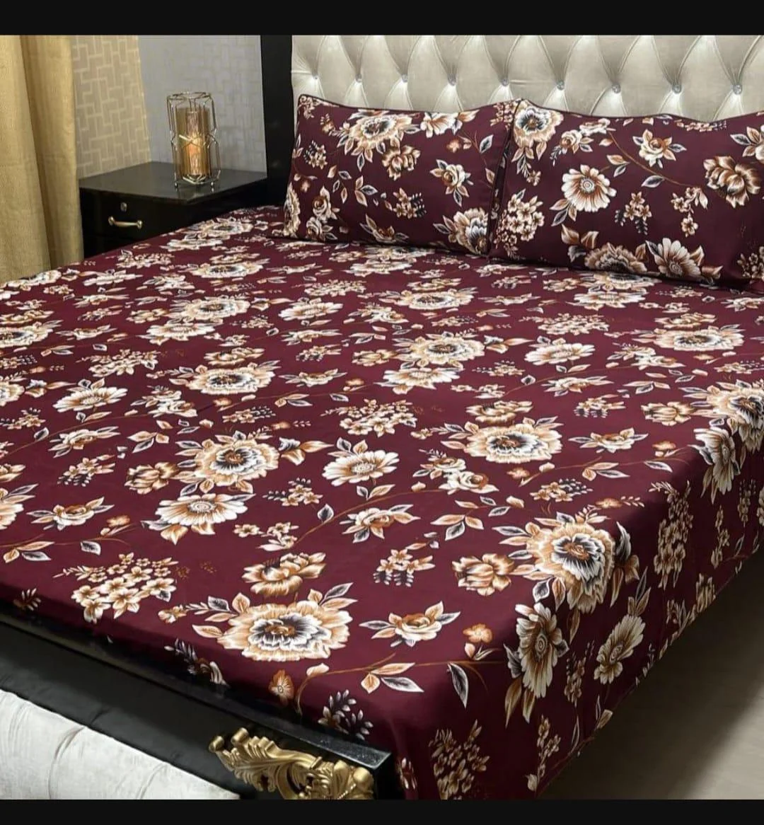 Maroon Floral Crystal Cotton Double Bedsheet Set