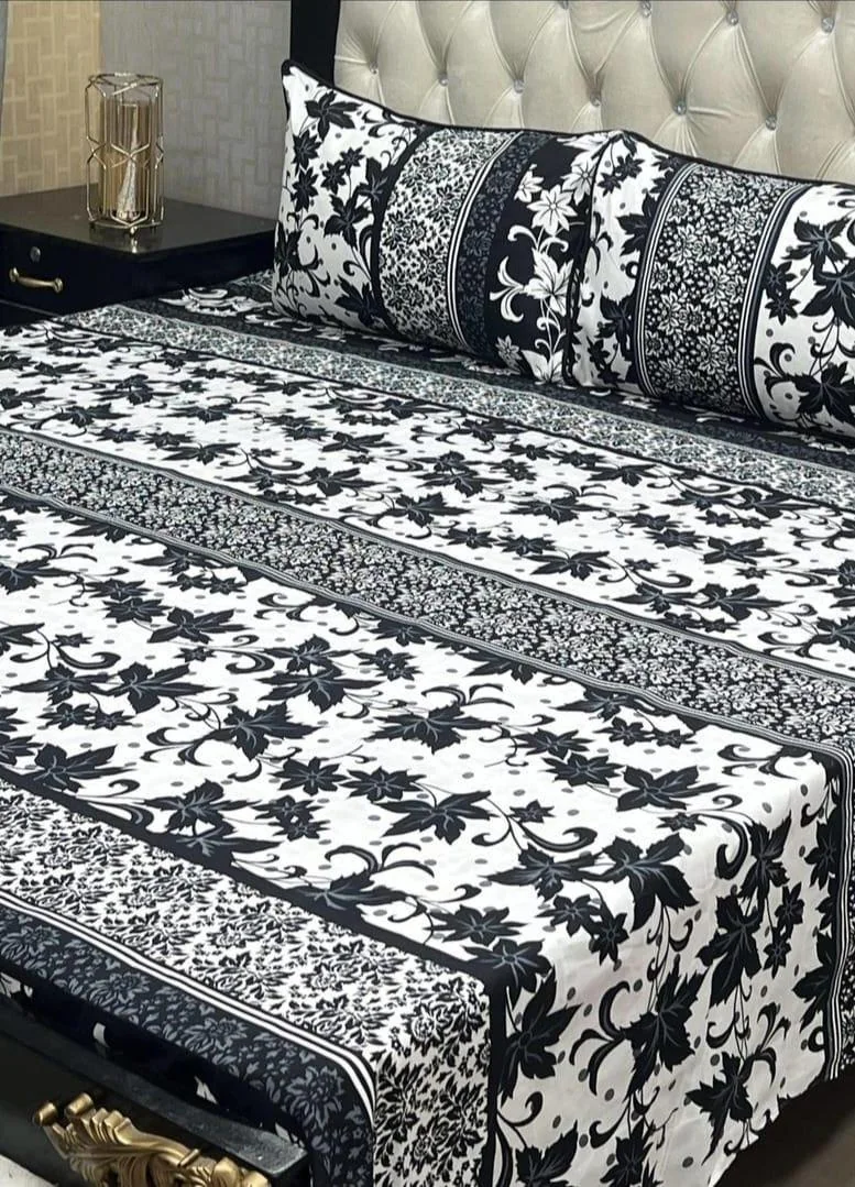 Double Bedsheet Set Crystal Cotton Black White Floral 3-Piece