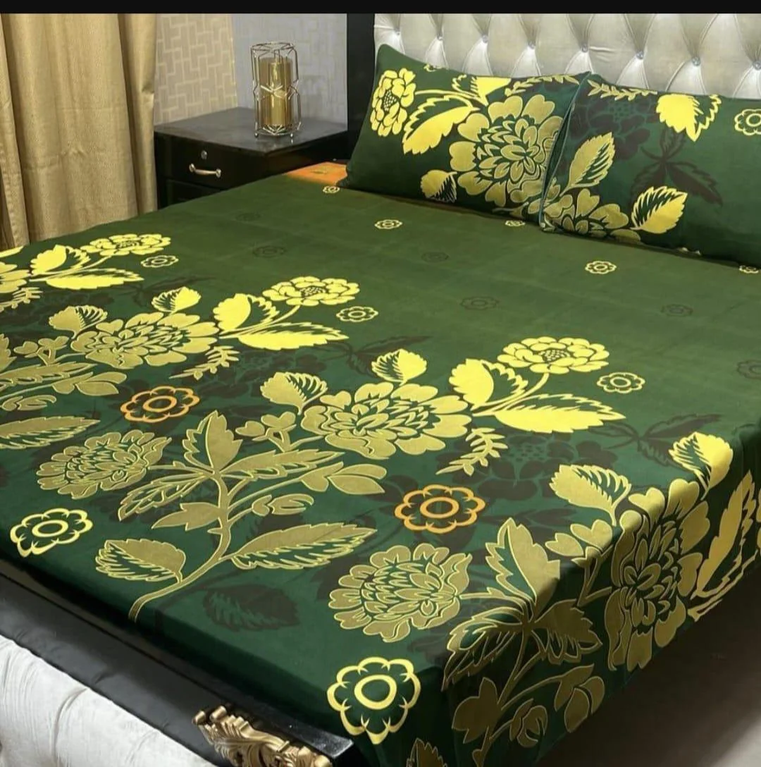 Green Printed Double Bedsheet Set Crystal Cotton 3Pc