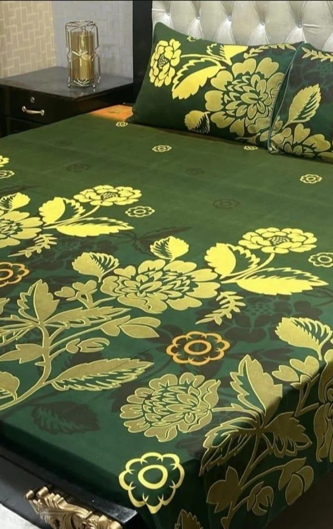 Green Printed Double Bedsheet Set Crystal Cotton 3Pc
