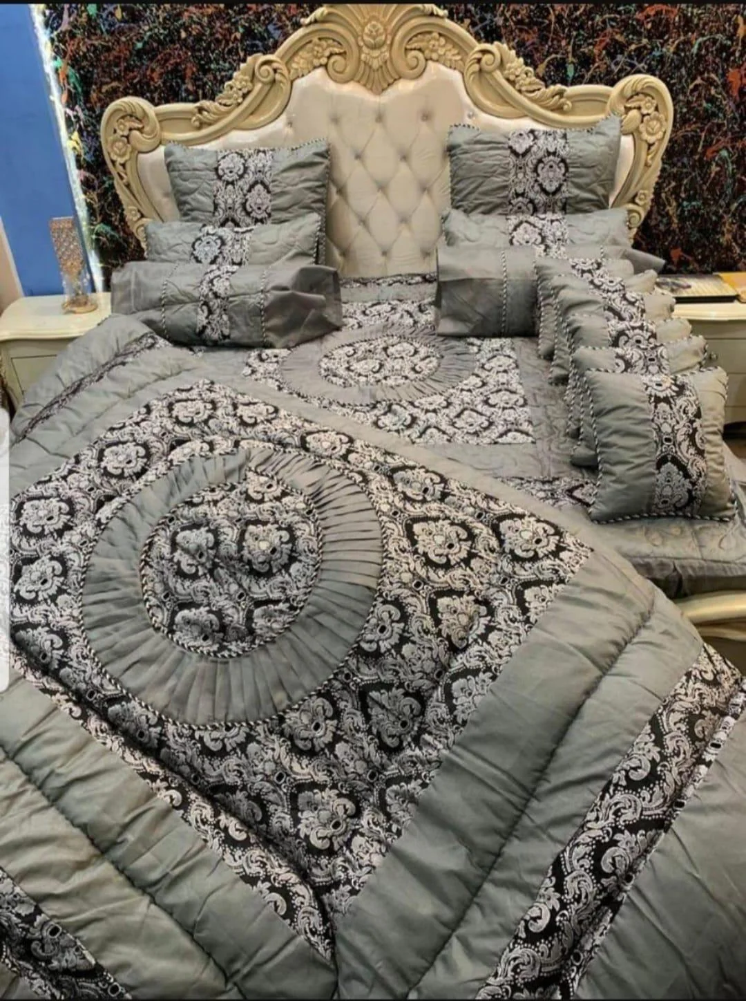 Grey Silk Jacquard Razai Bed Set King Size 14 Pcs