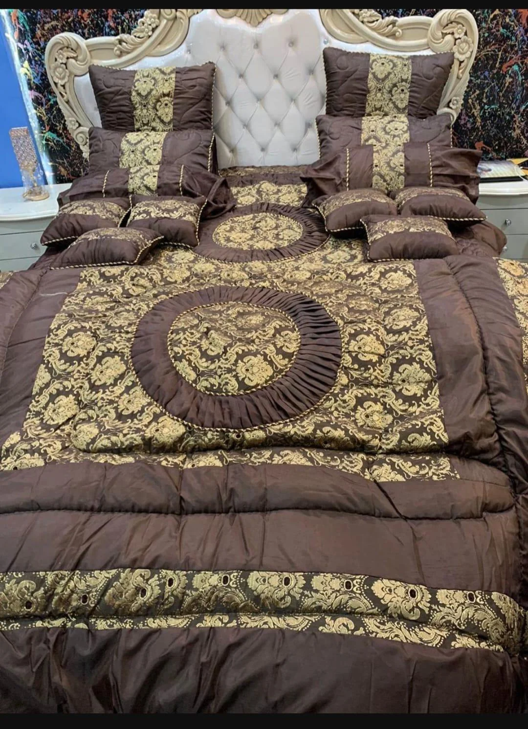 King Size Silk Jacquard Bedding Set Brown Gold