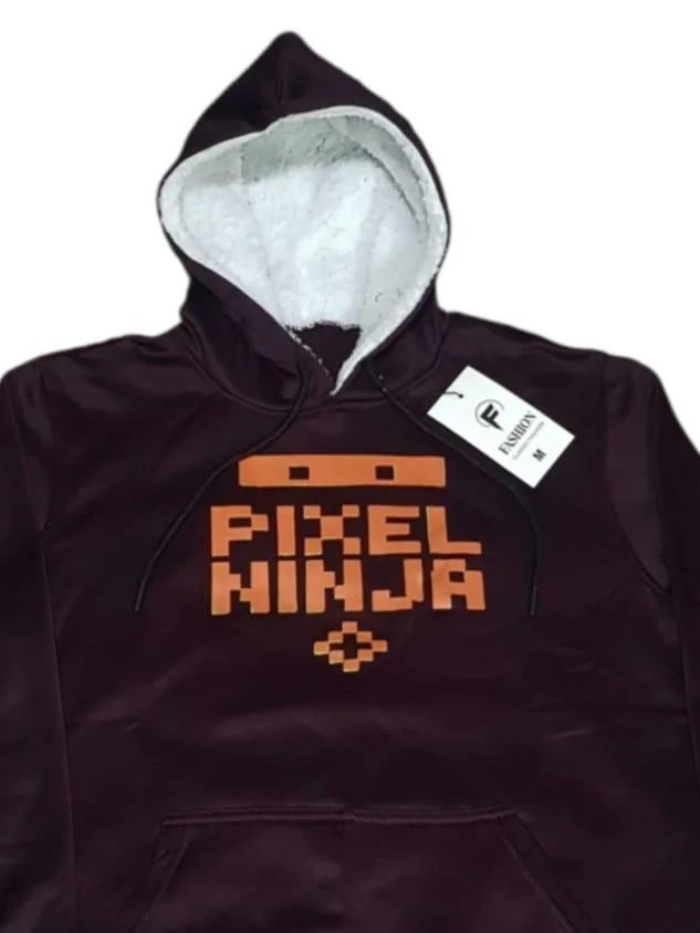 Men's Pixel Ninja Hooded Fleece Hoodie Brown Medium to XL