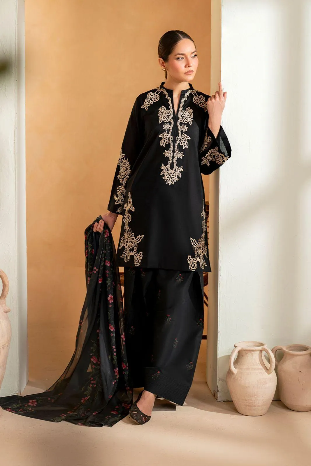 Black Embroidered 3-Piece Suit for Weddings Eid Festive