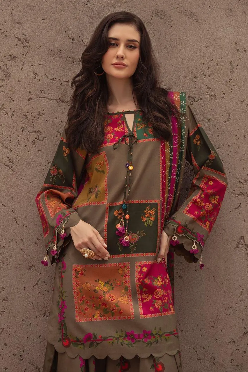 Unstitched Printed Eid Suit Brown Floral Geometric 3Pcs