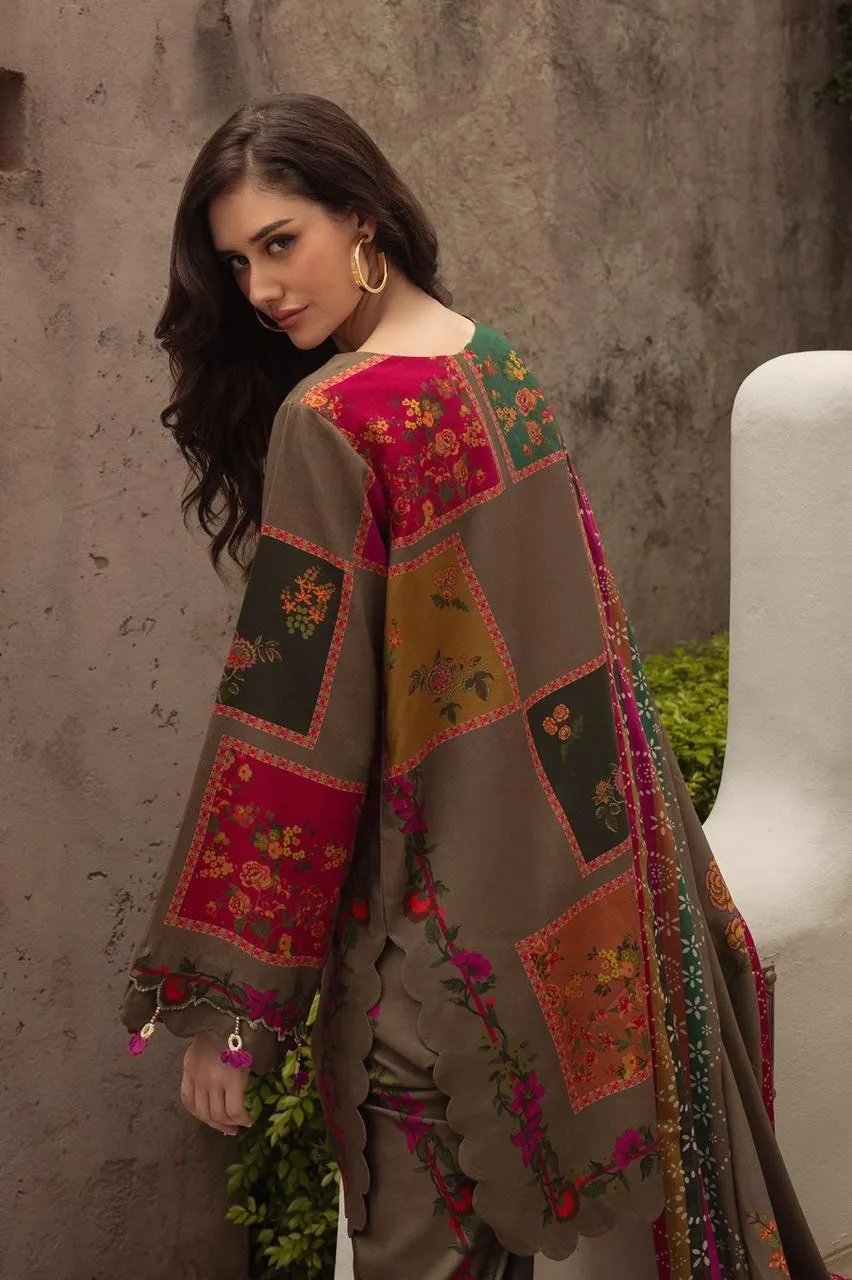 Unstitched Printed Eid Suit Brown Floral Geometric 3Pcs