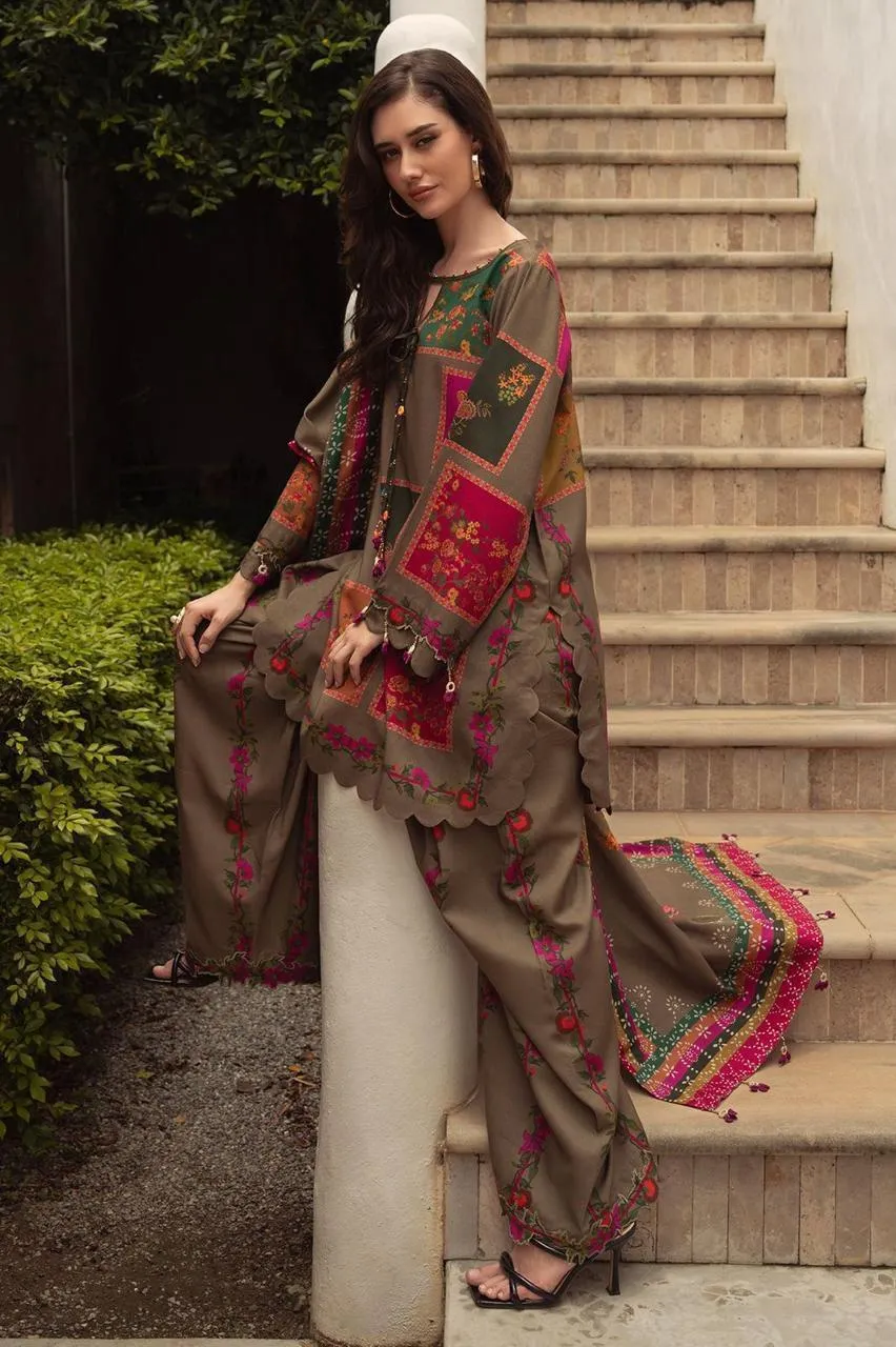 Unstitched Printed Eid Suit Brown Floral Geometric 3Pcs