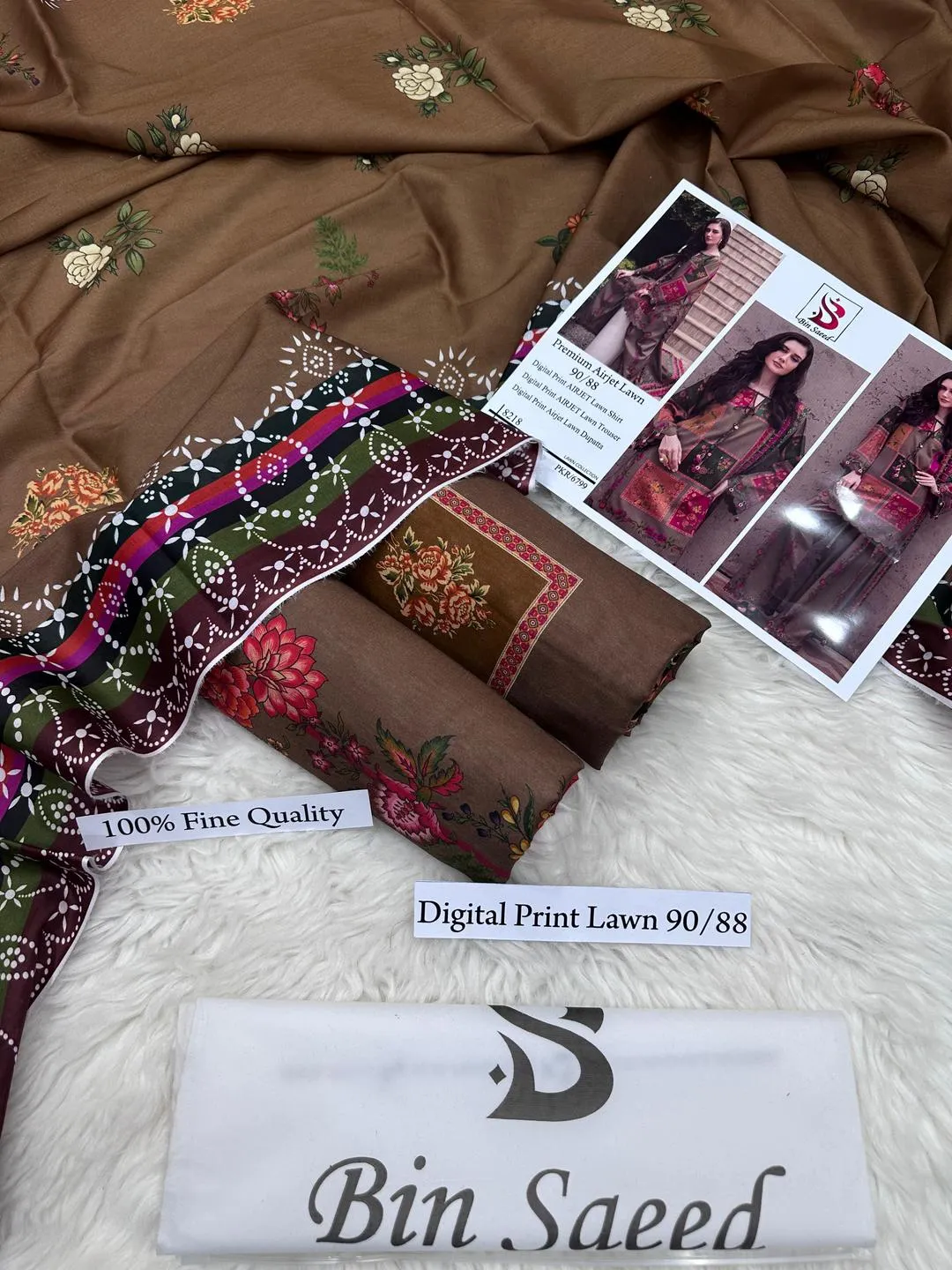 Unstitched Printed Eid Suit Brown Floral Geometric 3Pcs
