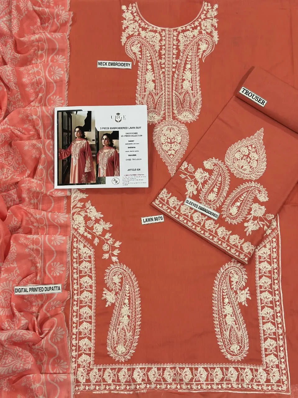 Peach Orange Embroidered Lawn 3PC Suit for Women
