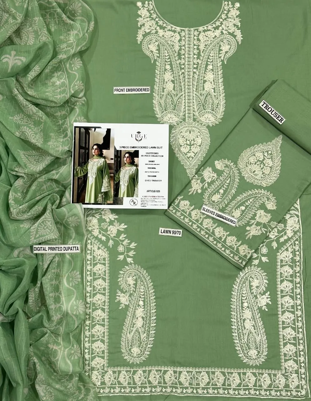 Green Embroidered 3PC Lawn Suit with Voil Dupatta
