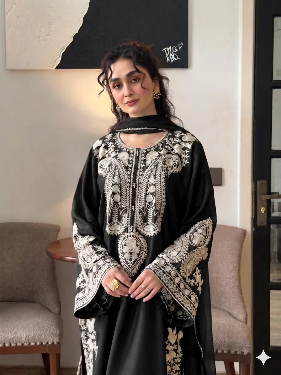 Black Embroidered 3PC Lawn Suit with Digital Printed Voil Dupatta