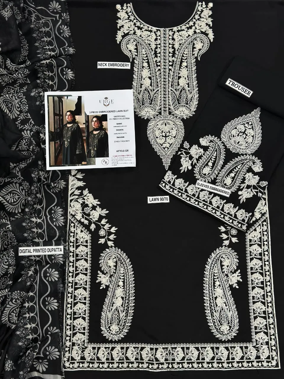 Black Embroidered 3PC Lawn Suit with Digital Printed Voil Dupatta