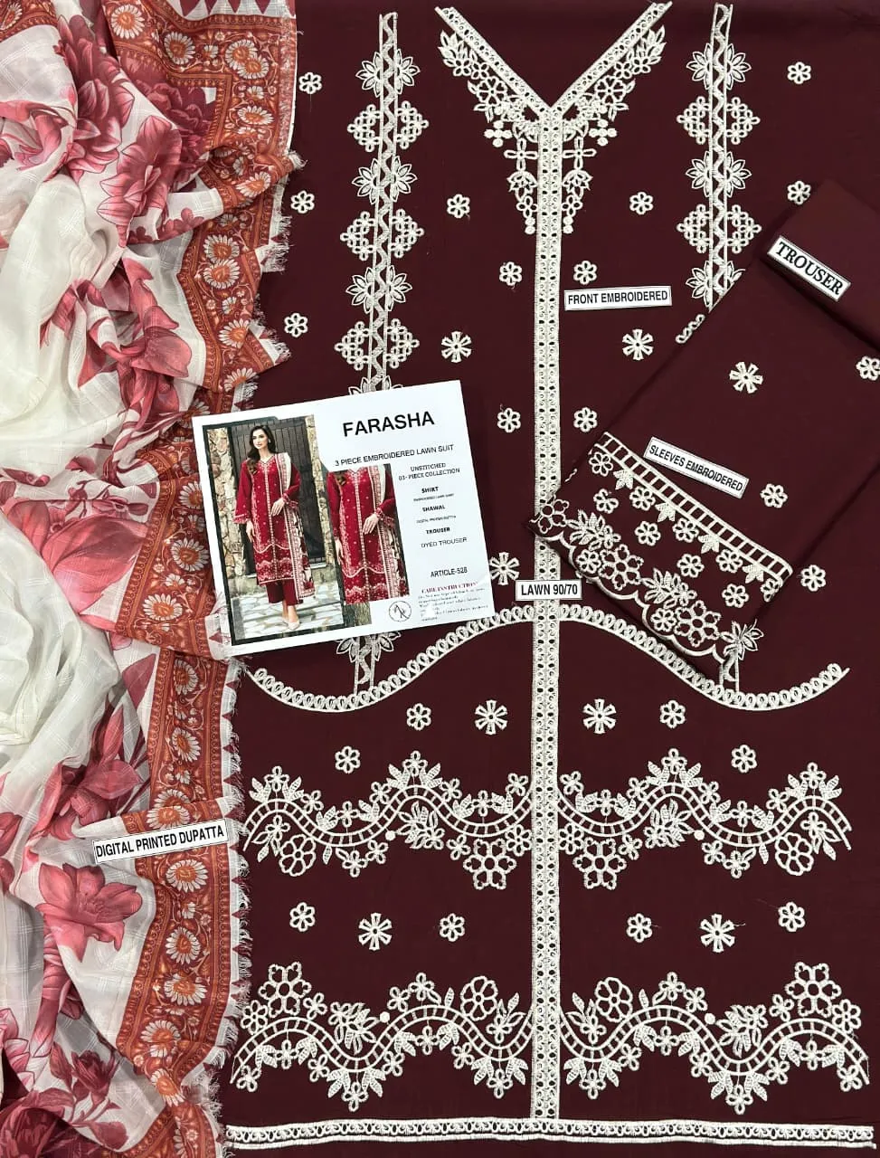 Maroon Embroidered 3PC Lawn Suit with Digital Printed Voil Dupatta