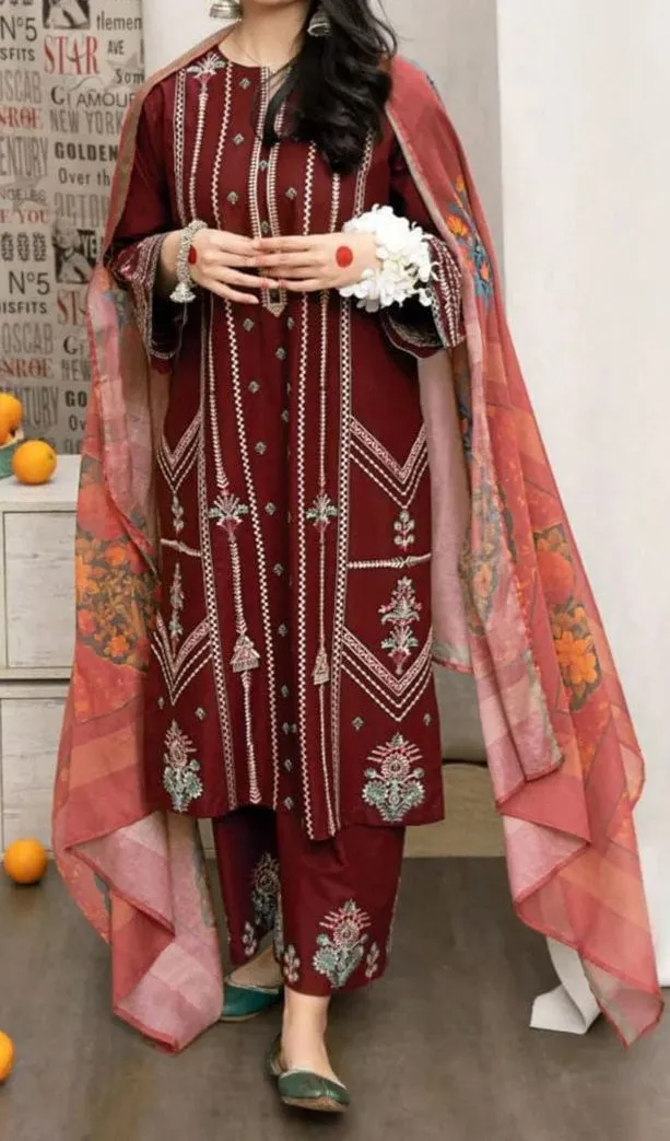 Women Maroon Embroidered 3PC Suit with Digital Printed Voil Dupatta