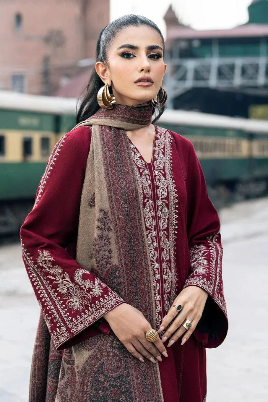 Maroon Embroidered 3PC Lawn Suit with Digital Printed Dupatta