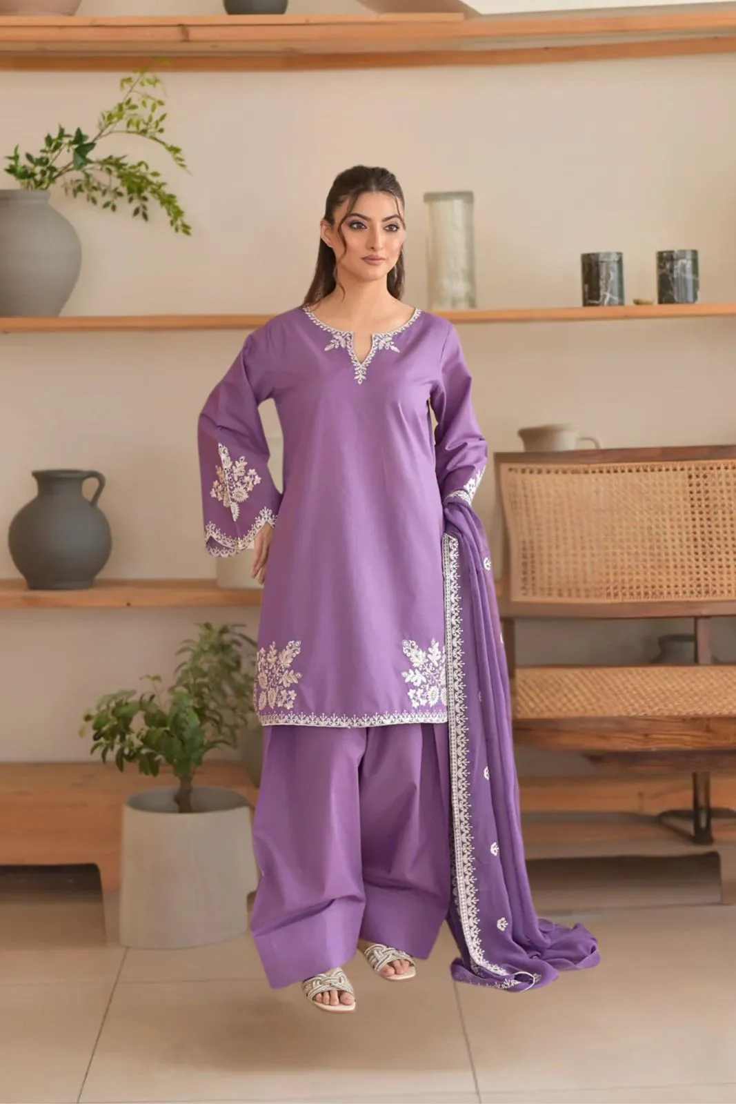 Purple Embroidered 3-Piece Women's Suit Set for Bakra Eid
