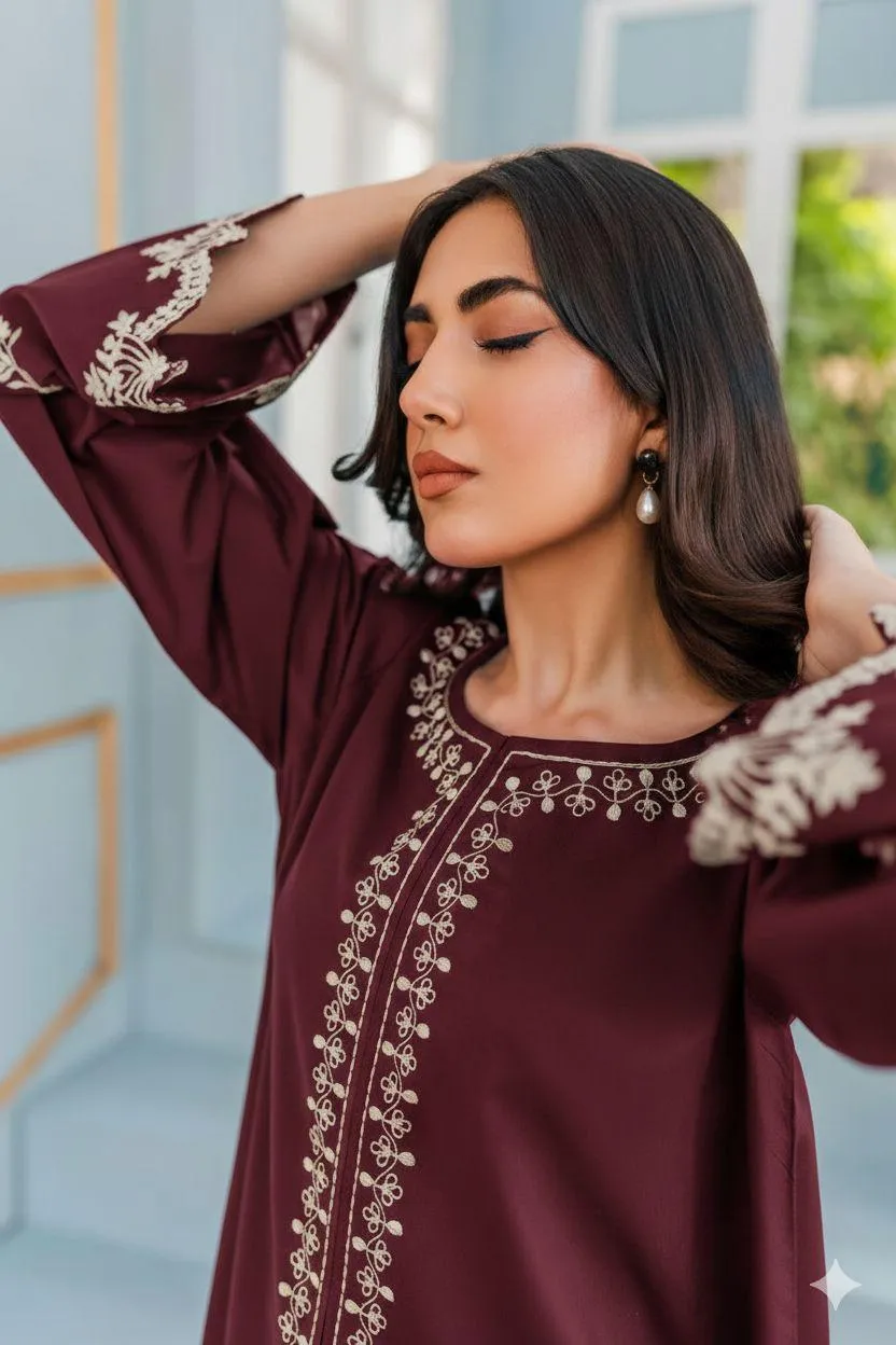 Maroon Embroidered Lawn Suit for Women Wedding Party Wear