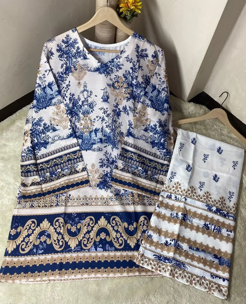 2 Pcs Women's Stitched Doria Lawn Printed Shirt And Trouser