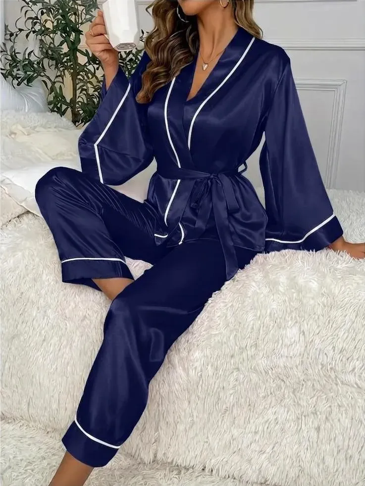 Blue Silk Nightgown Pajamas Set for Women 2 Pcs