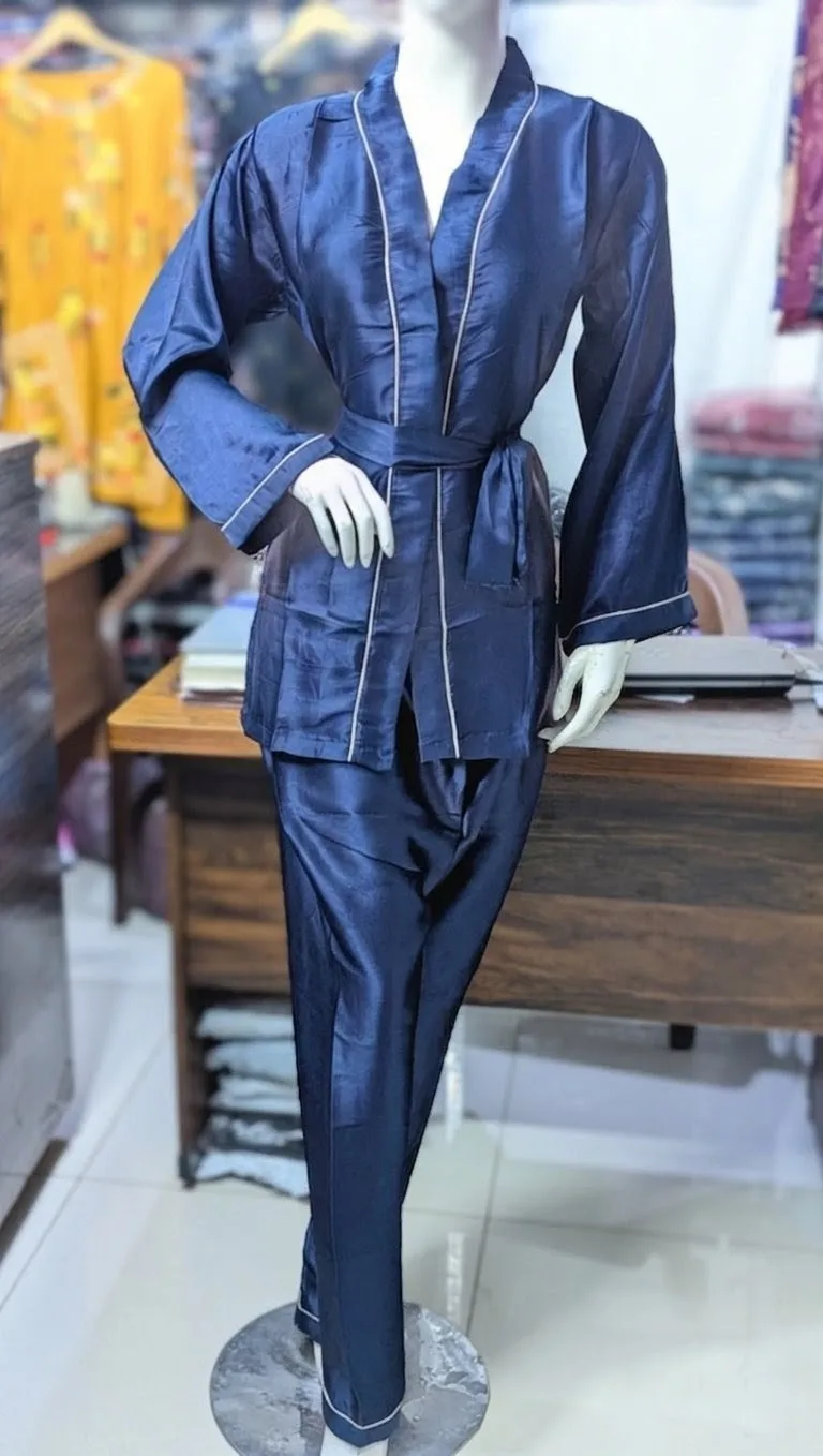 Blue Silk Nightgown Pajamas Set for Women 2 Pcs