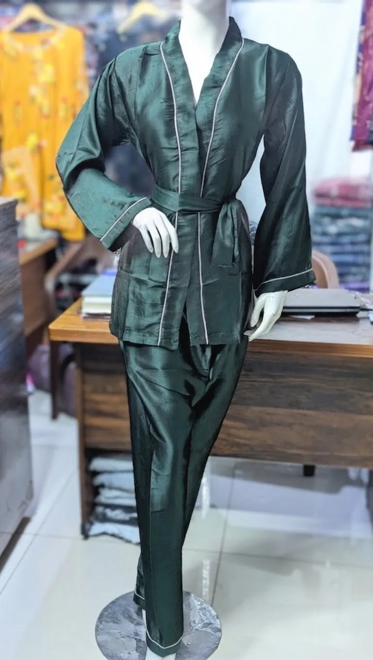 Green Silk Nightgown & Sleepwear Set 2 Pcs